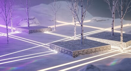 Illuminated birch trees on platforms in a snowy landscape with glowing lines creating a grid pattern