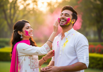 indian couple celebrating holi with colour splash