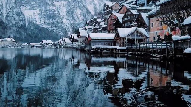 Hallstatt Village Reflections in Lake Hallstatt in Winter Snow, Austria