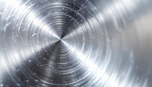 Close-up of a metallic surface with a circular, brushed texture radiating from a central point, showing light reflections.