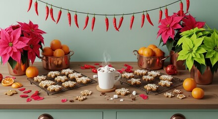 Festive holiday treats with poinsettias oranges and chili peppers on a light green kitchen counter