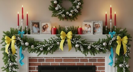 A christmas decorated mantelpiece with wreath, candles, bows, and family pictures displayed above