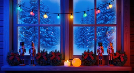 Festive window display with nutcrackers wreaths and string lights in a christmas scene