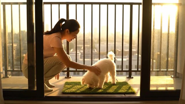 Soft golden sunlight bathing woman training white poodle on balcony mat, urban skyline backdrop creating serene pet training moment