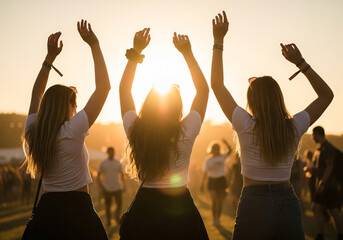 Three joyful women raise their hands in celebration of freedom during a road trip at sunset, with a vast field in the background.