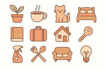 Icônes maison et quotidien en style cartoon pastel, plante, tasse, chat, lit, livre, valise, maison, clé, ménage, cuisine, canapé, ampoule