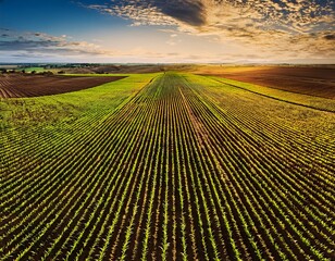 Aerial View of Growing Corn Rows at Sunset, Agriculture Landscape under Cloudy Sky, Rural Scene in Golden Light.