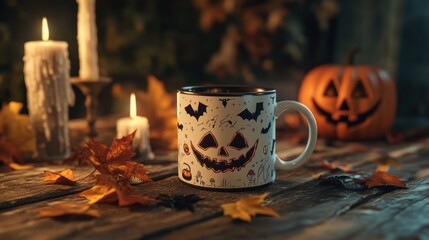 Halloween still life with candles and pumpkin