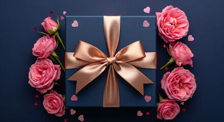 Blue gift box with pink roses and ribbon centered against a vibrant blue background featuring softly blurred hearts for celebration themes.