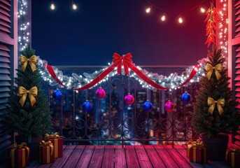 Christmas balcony scene with trees ornaments lights and presents in a festive setting at night
