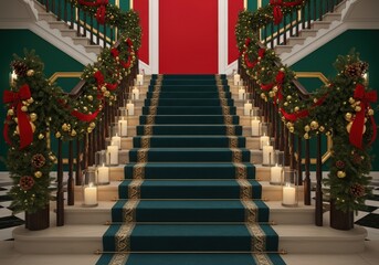 Decorated staircase with candles and garland for christmas in a luxurious interior setting