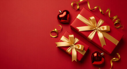 Valentine's Day decorated with red gift box, gold ribbon bow and heart shape on red background. Romantic composition with space for writing text for love and relationship concept.