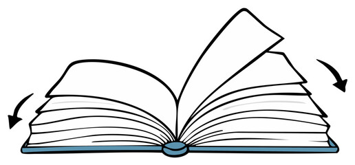 Hand drawn illustration of an open book with pages flipping in motion