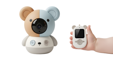 Baby monitor with bear design and parent unit held by a child's hand