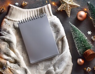 Festive Winter Workspace: Cozy Sweater, Blank Notepad, and Holiday Decorations for Seasonal Planning.
