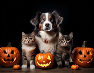 Halloween Pals: An Adorable Dog and Two Cats Posing with Glowing Jack-o'-Lanterns Against a Dark Backdrop