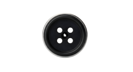 Close up of a black and silver sewing button with four holes