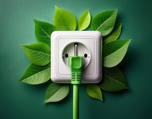 Renewable Energy Concept: Green Plug in Socket with Fresh Leaves Emphasizing Sustainability and Eco-Friendly Power Sources.