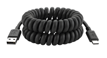 Coiled black usb typea to usb typec cable for data transfer