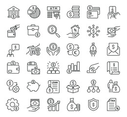 Set of collection line icons related Finance. Editable stroke. Perfect pixel on transparent background