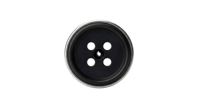 Close up of a black and silver sewing button with four holes