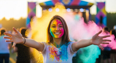 Happy young girl with long blond hair covered in vibrant colored powder at the Holi festival.