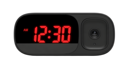 Black digital alarm clock displaying 12 30 am with a built in security camera lens