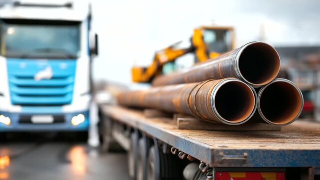 Pipe sections being delivered on flatbed truck construction logistics infrastructure material transport loadingunloading operation construction site receiving area defocused