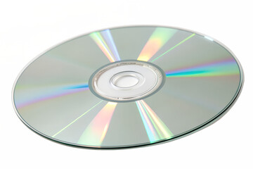 A single blank silver CD or DVD media disc for data storage, showing rainbow light reflections on its shiny surface, isolated on a clean white background for mockup purposes