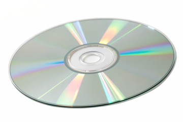 A single blank silver CD or DVD media disc for data storage, showing rainbow light reflections on its shiny surface, isolated on a clean white background for mockup purposes