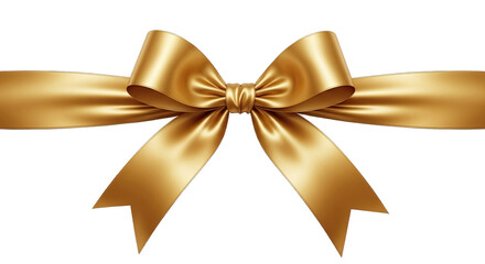 Luxurious golden satin ribbon bow tied elegantly with flowing streamers for a festive gift celebration or decorative element isolated on transparent background