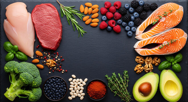 Food. Meat, fish, chicken and shrimps, vegetables and fruits, legumes, wine, pasta, cheese, mushrooms, a variety of products for a healthy well-balanced diet, a flat lay on a black background - Powered by Adobe