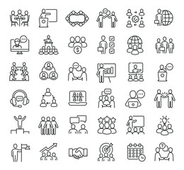 Set of collection line icons related Meeting. Editable stroke. Perfect pixel on transparent background