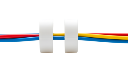 Electrical wires with red yellow and blue colors passing through two white rings