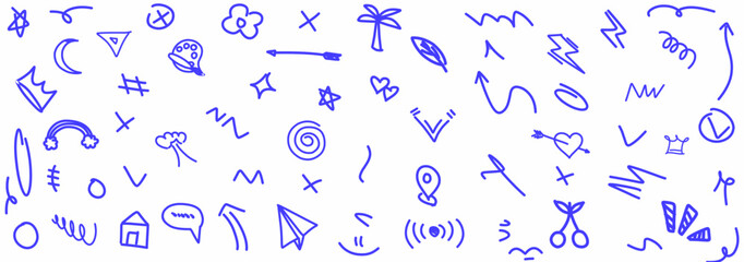 Hand-drawn doodle elements featuring random shapes, symbols, arrows, and playful sketches. Perfect for decoration, background design, creative notes, and modern graphic projects.
