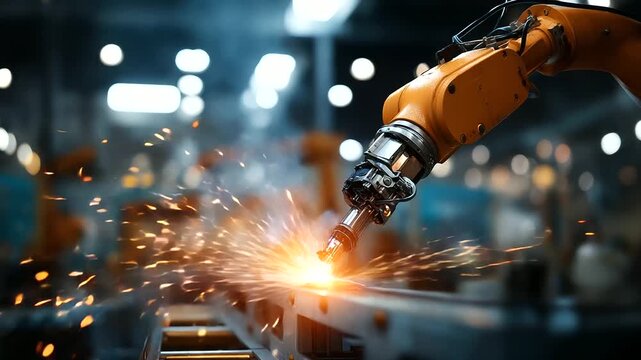 Robotic welding station with orange sparks flying battery pack frame construction automated manufacturing EV production facility industrial welding robot protective barriers