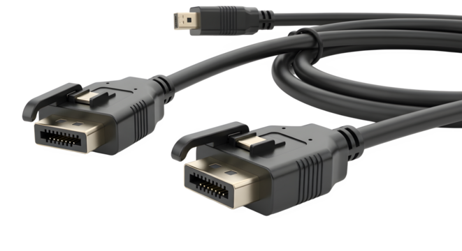 Black displayport cable with connectors for high resolution video connections - Powered by Adobe