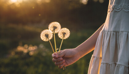 たんぽぽ 3 本を持つ子供の手