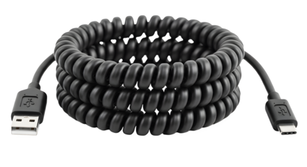 Coiled black usb cable with type a and type c connectors