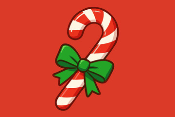 Festive Candy Cane Design. Red and white striped candy cane with a glossy finish, adorned with a small green bow. Set against a red background, the candy cane’s. Vector illustration