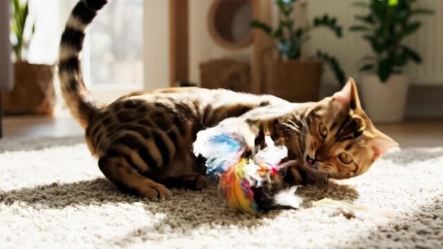 Bengal cat playing with a colorful feather toy on a cozy carpet in a sunlit room.