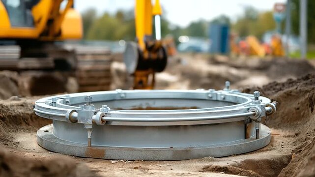 Pipeline access manhole installation infrastructure service point underground utility access concrete chamber construction detail excavation site defocused around with copy