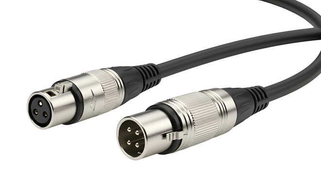 Close up of a balanced xlr cable with metal connectors for audio equipment