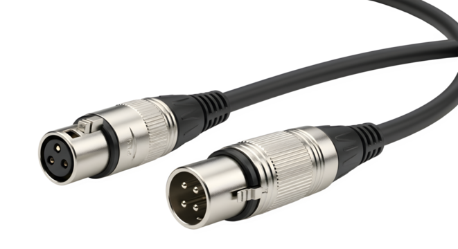 Close up of a balanced xlr cable with metal connectors for audio equipment
