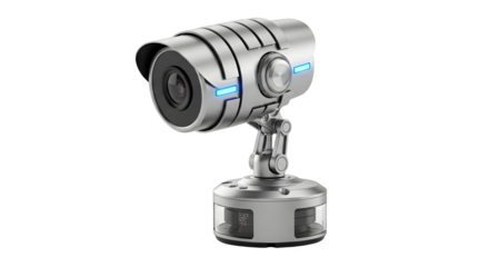 Futuristic silver security camera with blue lights on a black studio background