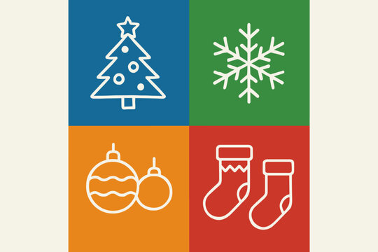 Festive Christmas Icon Set. Set of Christmas-themed icons including a decorated tree, snowflake, ornaments, and stockings. Each icon is outlined in white against. Vector illustration