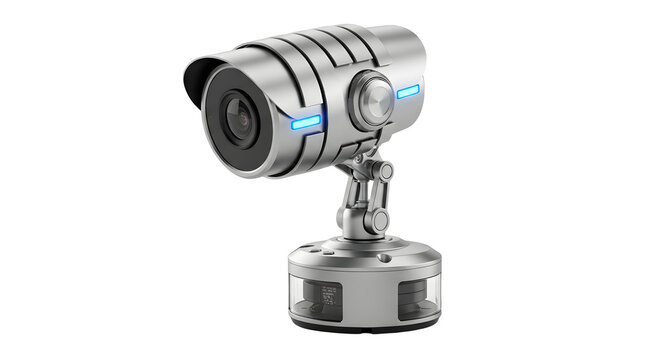 Futuristic silver security camera with blue lights on a black studio background