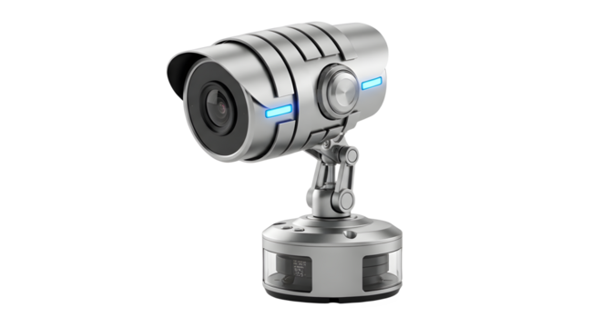 Futuristic silver security camera with blue lights on a black studio background