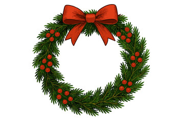 Festive Evergreen Wreath. Christmas wreath made of evergreen branches, embellished with red berries and a large red bow at the top. The circular shape symbolizes. Vector illustration