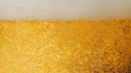 Texture of light beer. Close-up of beer foam texture. Yellow, frothy top layer in a glass. A fresh, cold lager drink
